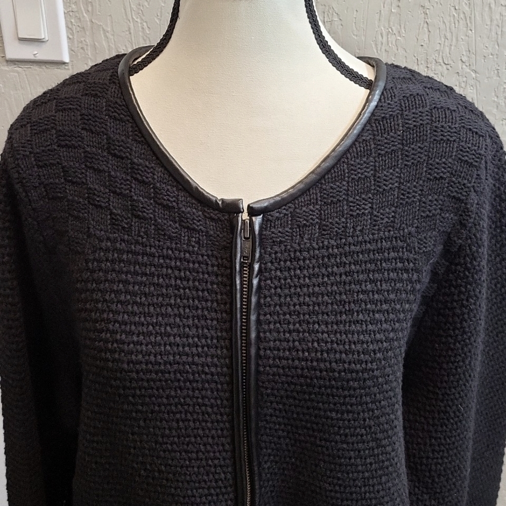 Woven Knit Zip-Up Sweater Cardigan Jacket with Faux Leather